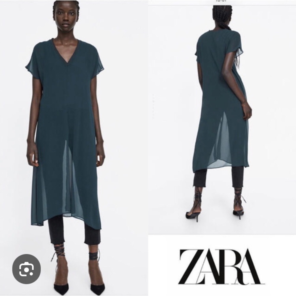 ZARA Sheer Open Tunic Blue-gray-green Slit Front Semi Sheer T-shirt combo sz L